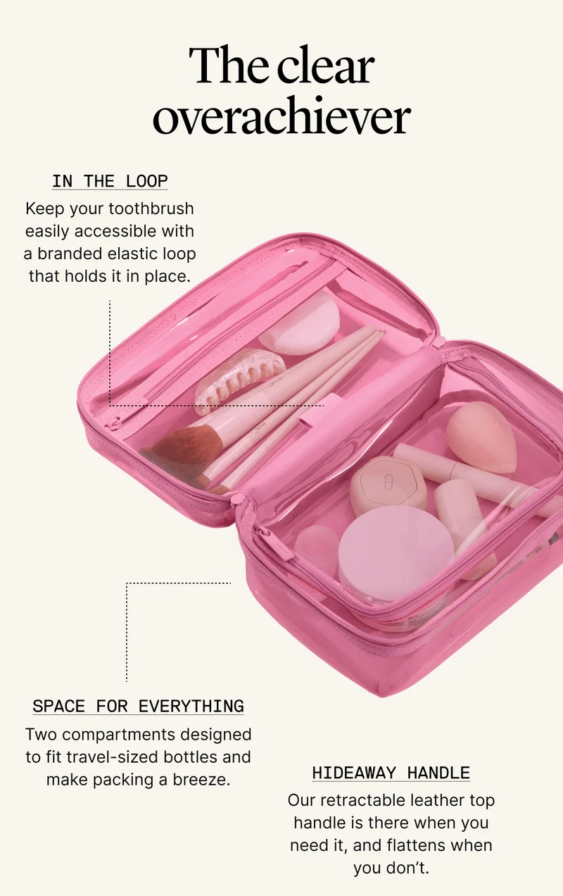 The clear overachiever:  Space for everything - Two compartments designed to fit travel-sized bottles and make packing a breeze. In the loop - Keep your toothbrush easily accessible with a branded elastic loop that holds it in place.
