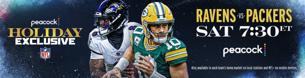Peacock Holiday Exclusive. Ravens vs. Packers 7:30p ET on Peacock