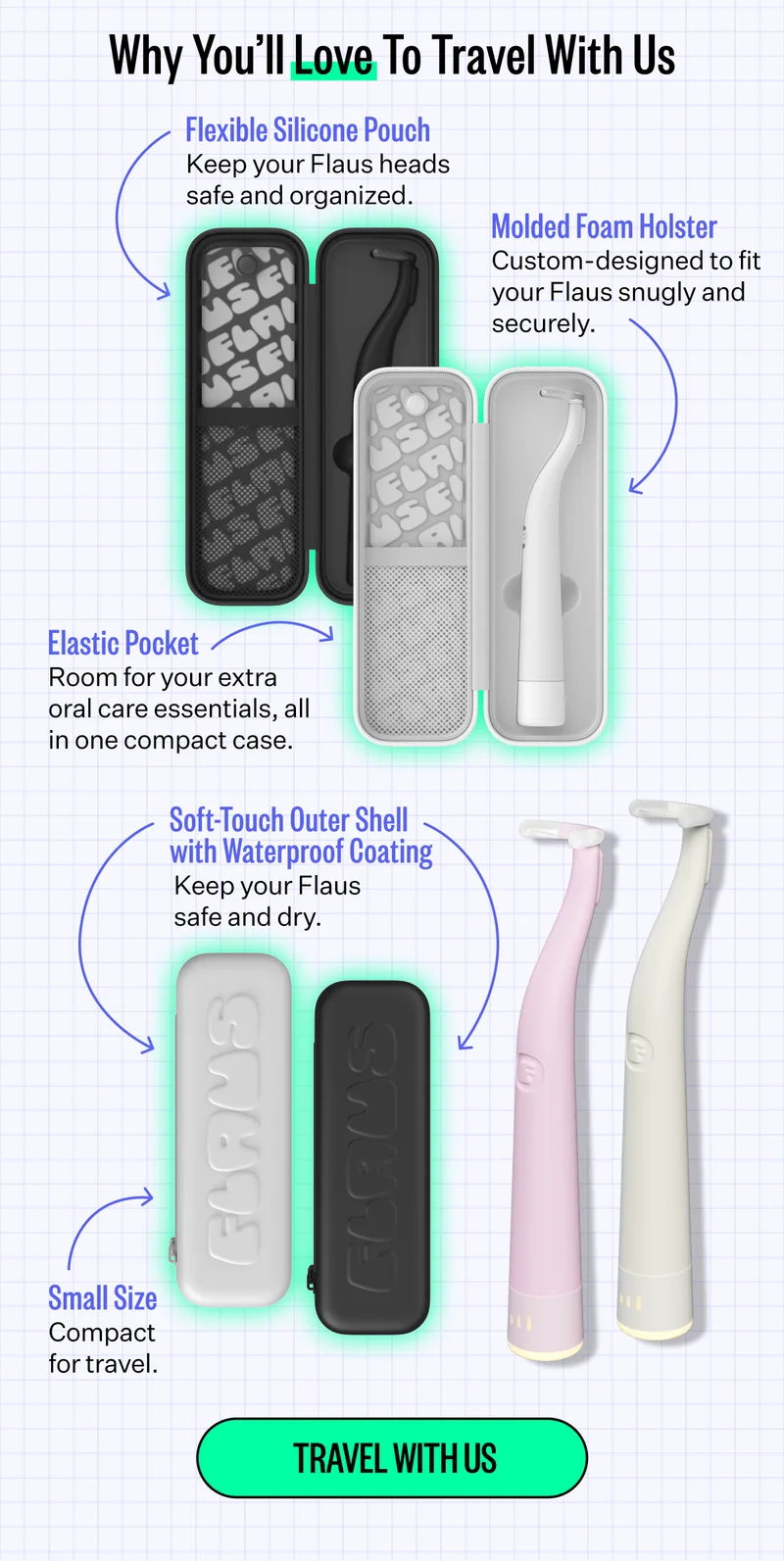 Why You’ll Love To Travel With Us | Flexible Silicone Pouch: Keep your Flaus heads safe and organized. | Molded Foam Holster: Custom-designed to fit your Flaus snugly and securely. | Elastic Pocket: Room for your extra oral care essentials, all in one compact case. | Soft-Touch Outer Shell with Waterproof Coating: Keep your Flaus safe and dry. | Small Size: Compact for travel. | Travel with us