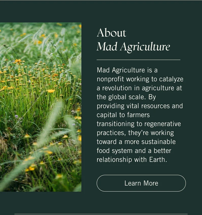 About Mad Agriculture Mad Agriculture is a nonprofit working to catalyze a revolution in agriculture at the global scale. By providing vital resources and capital to farmers transitioning to regenerative practices, they’re working toward a more sustainable food system and a better relationship with Earth. LEARN MORE.