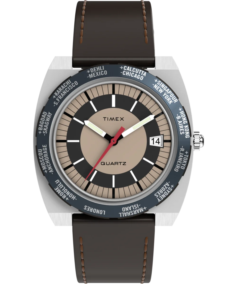 Image of Q Timex® 1972 World Time 39mm Leather Strap Watch