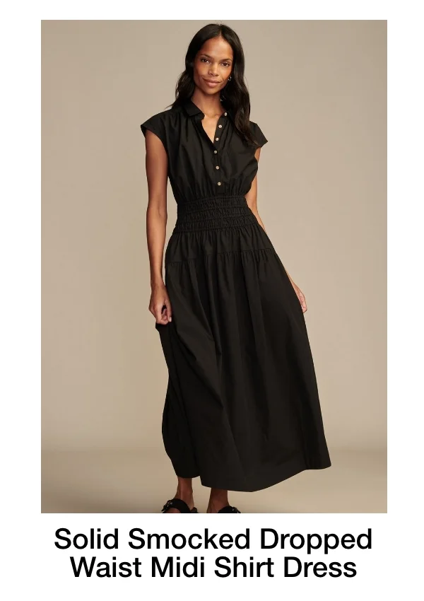 Solid Smocked Dropped Waist Midi Shirt Dress