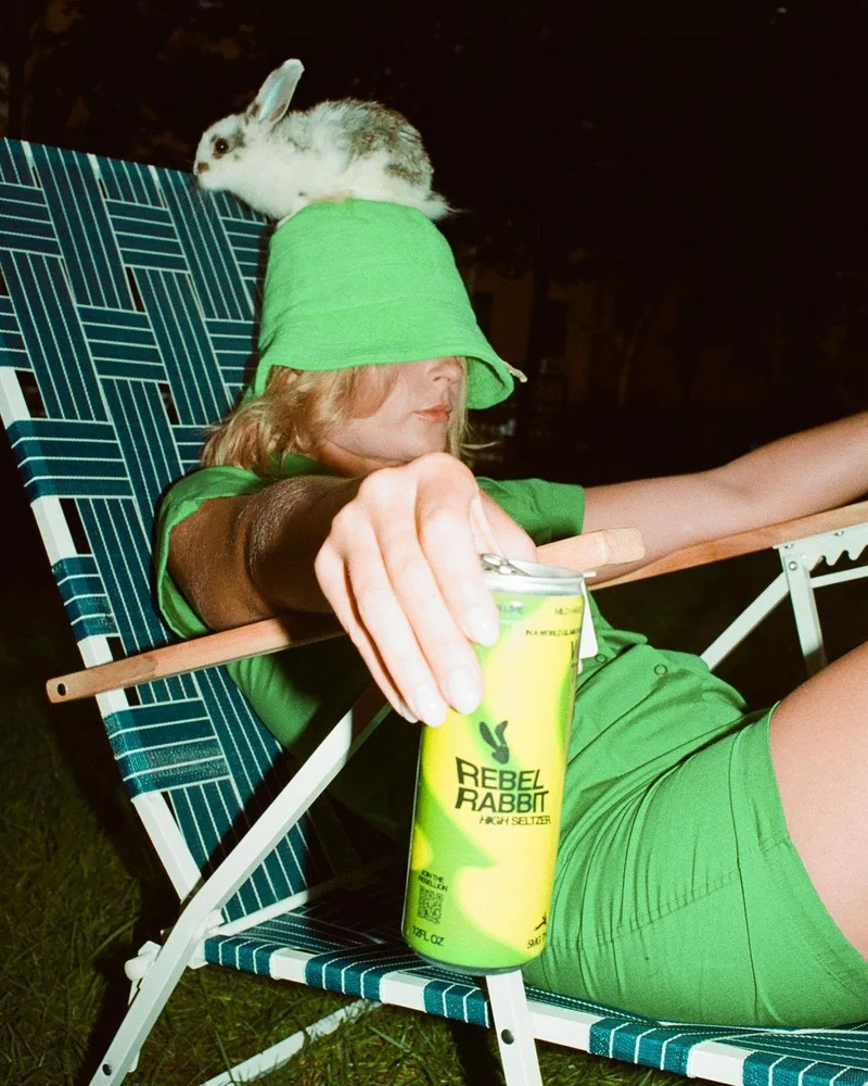 Rabbit sitting on someone's head with a Rebel Rabbit Lemon Lime