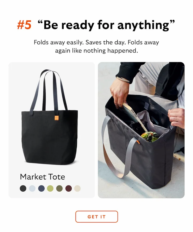 #5 “Be ready for anything” [Product] Market Tote (Black) [Blurb] Folds away easily. Saves the day. Folds away again like nothing happened.