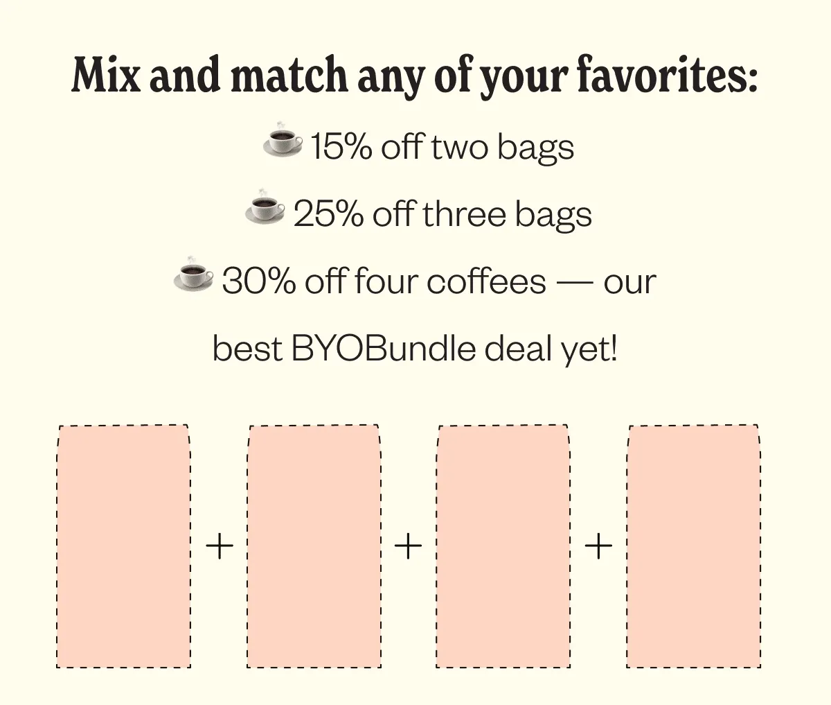 IMix and match any of your favorites: 15% off two bags 25% off three bags and 30% off four coffees- our best BYOBundle deal yet! IMix and match any of your favorites: 15% off two bags 25% off three bags and 30% off four coffees- our best BYOBundle deal yet!