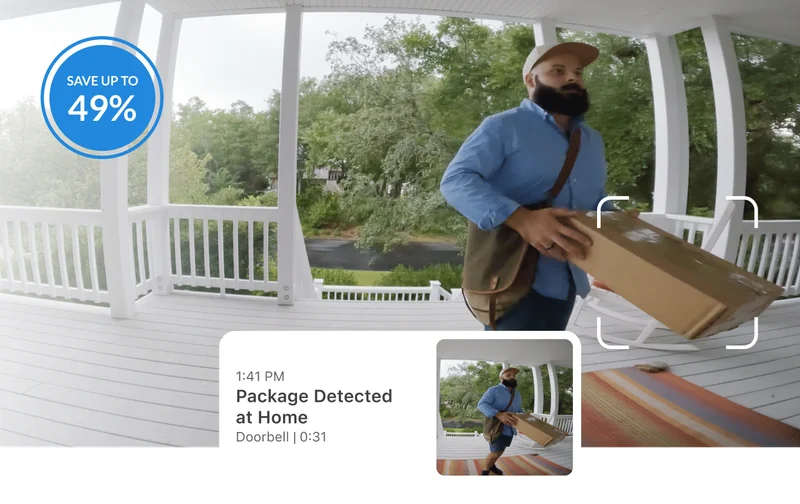 Up to 49% off. Simulated point of view image of a kid at an Arlo Video Doorbell. User interface reads: 1:41 PM, Kylie recognized at home, doorbell, 0:31.