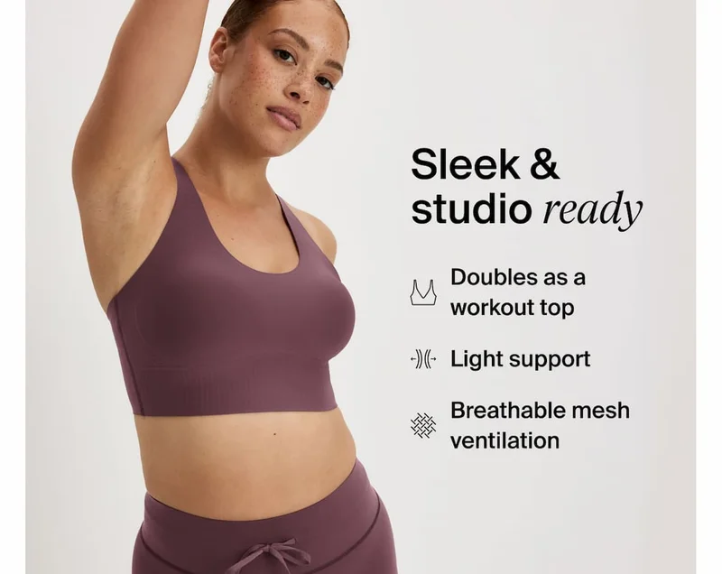 Sleek & studio ready - doubles as a workout top. Light support breathable mesh ventilation.