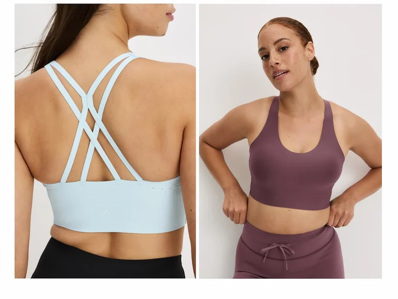 Image: Front and back image showcasing the longevity bra's fit & racerback straps.