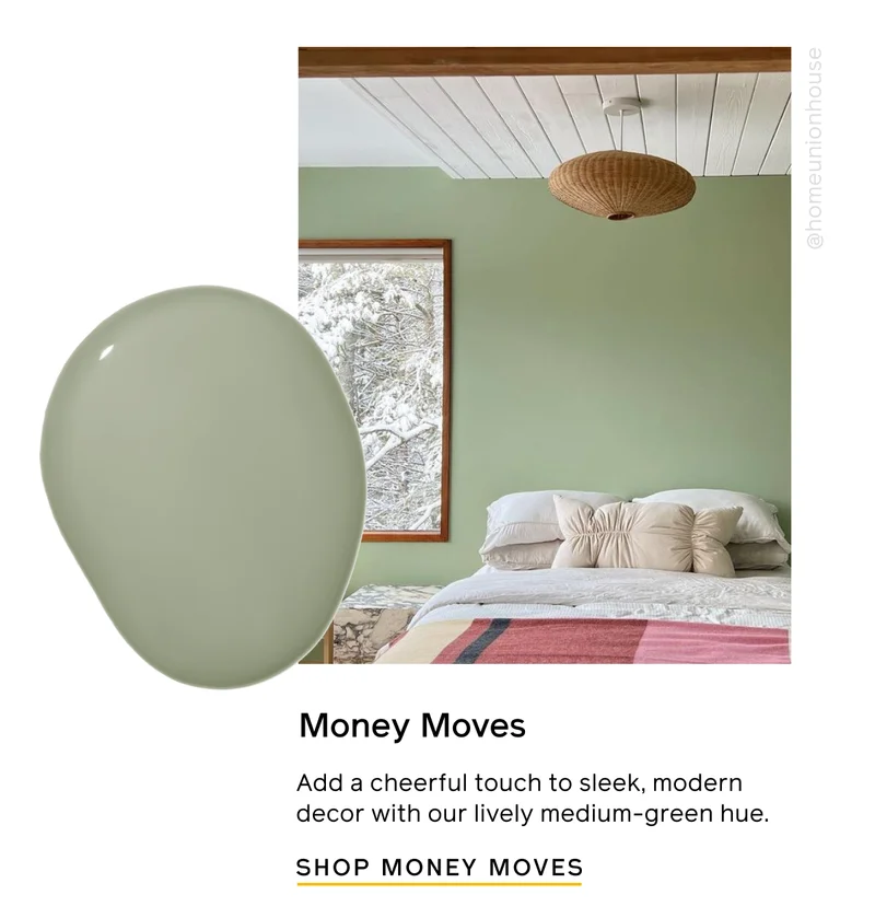 Money Moves. Add a cheerful touch to sleek, modern decor with our lively medium-green hue. SHOP MONEY MOVES