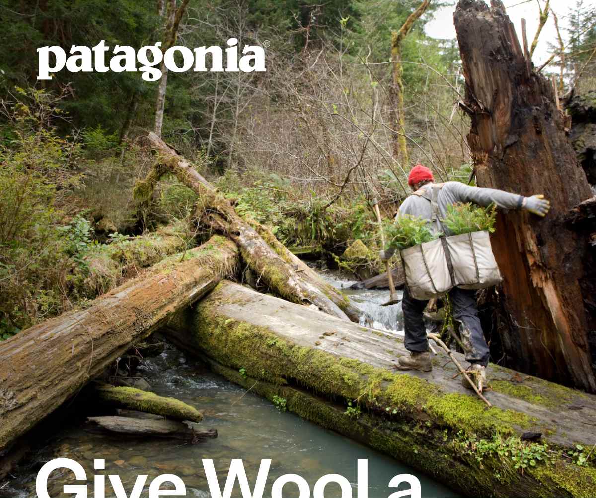 Patagonia. Give Wool a Second Chance. A tree planter walks on a large log across a creek.