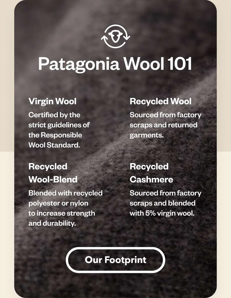 Patagonia Wool 101. Virgin Wool. Certified by the strict guidelines of the Responsible Wool Standard. Recycled Wool. Sourced from factory scraps and returned garments. Recycled Wool-Blend. Blended with recycled polyester or nylon to increase strength and durability. Recycled Cashmere. Sourced from factory scraps and blended with 5% virgin wool.