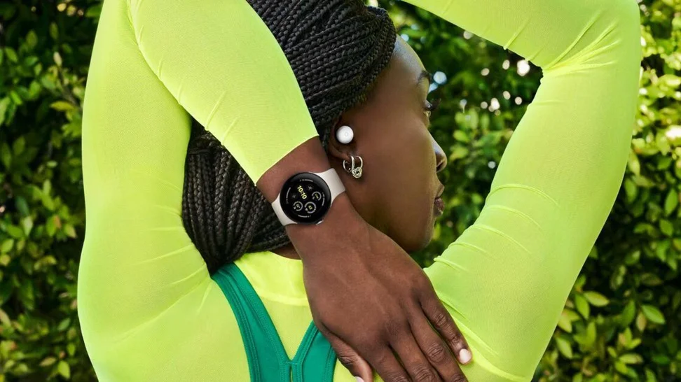 Picture of a person with their hand overhead and a prominent image of a Pixel Watch