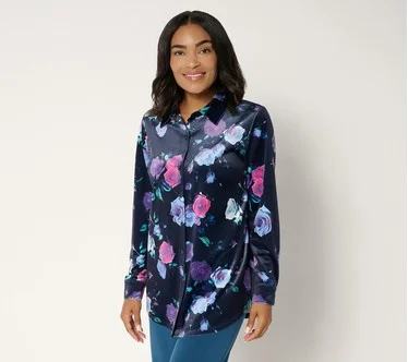 Denim & Co. Petite Printed Knit Velvet Big Shirt