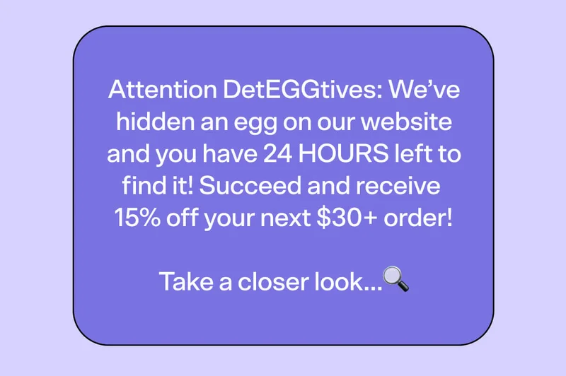 Attention DetEGGtives: We’ve hidden an egg on our website and you have 24 HOURS left to find it! Succeed and receive 15% off your next $30+ order!