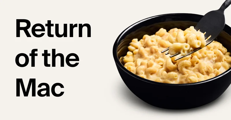 Bowl of mac & cheeze with a fork paired with Return of the mac headline