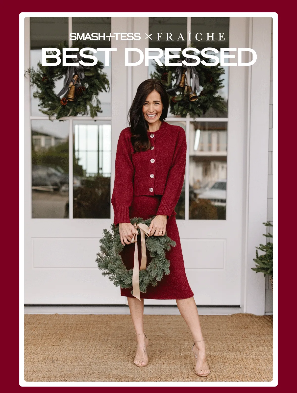 carousel of tori wesszer wearing red, black and grey knitted cardigan and skirt with text 'best dressed'