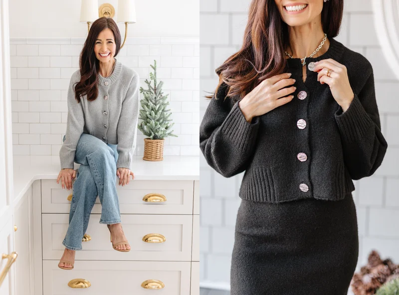 collage of tori wesszer wearing knitted cardigan