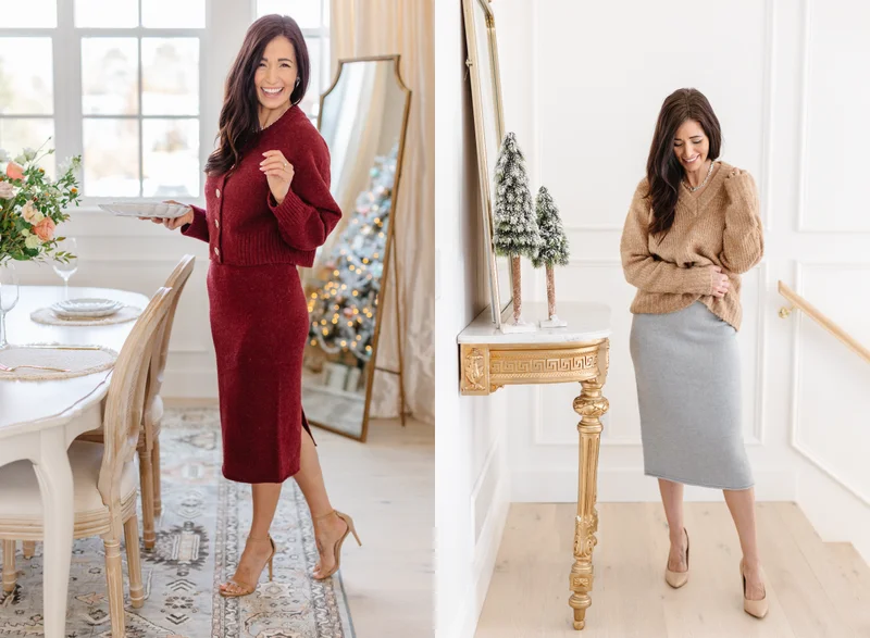 Tori Wesszer wearing red cardigan and skirt set by festive table