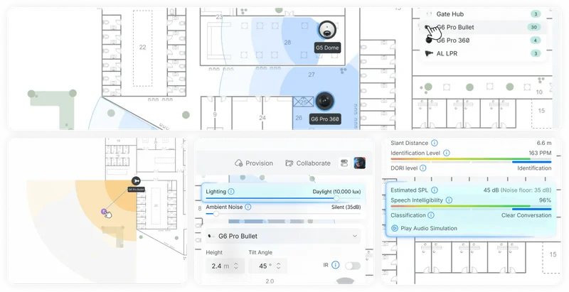 Visualize field of view and simulate detection performance, low-light capabilities, and audio coverage with precision.