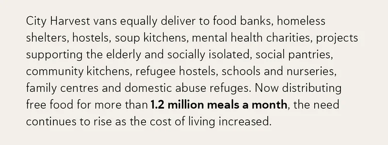 City Harvest vans equally deliver to food banks, homeless shelters, hostels, soup kitchens, mental health charities, projects supporting the elderly and socially isolated, social pantries, community kitchens, refugee hostels, schools and nurseries, family centres and domestic abuse refuges.      Now distributing free food for more than 1.2 million meals a month, the need continues to rise as the cost of living increased.