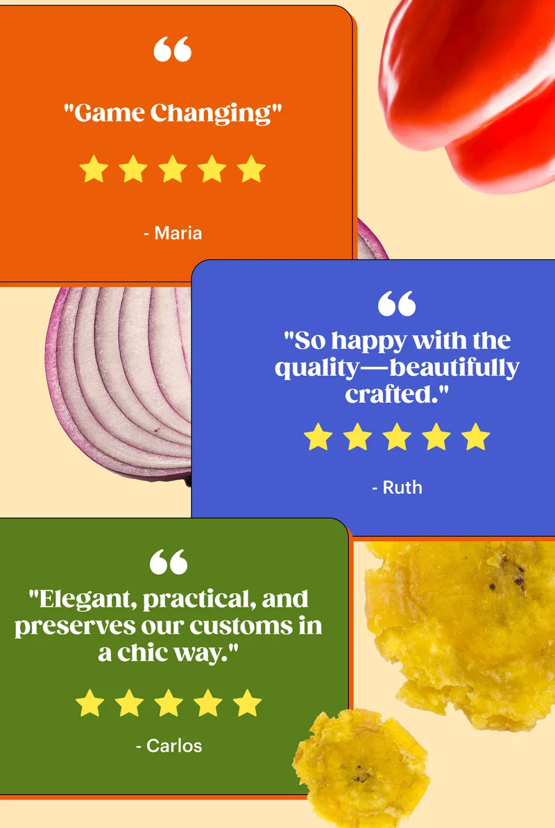 "Game changing!" - Maria ⭐⭐⭐⭐⭐  "So happy with the quality—beautifully crafted." - Ruth ⭐⭐⭐⭐⭐  "Elegant, practical, and preserves our customs in a chic way." - Carlos ⭐⭐⭐⭐⭐