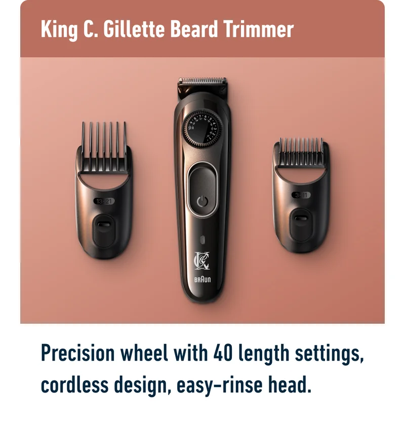 King C. Gillette Beard Trimmer – Precision wheel with 40 length settings, cordless design, easy-rinse head.