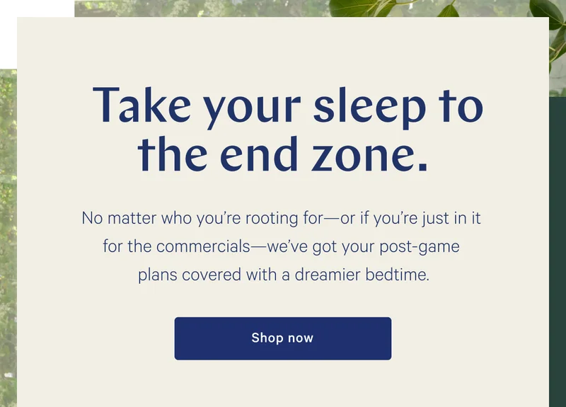 Take your sleep to the end zone. >> No matter who you’re rooting for—or if you’re just in it for the commercials—we’ve got your post-game plans covered with a dreamier bedtime. >> Shop now >>