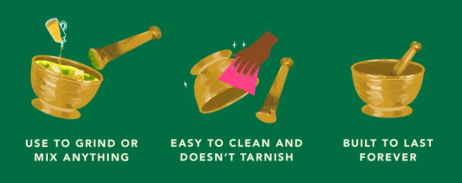Use to grind or mix anything; easy to clean and doesn't tarnish; built to last forever
