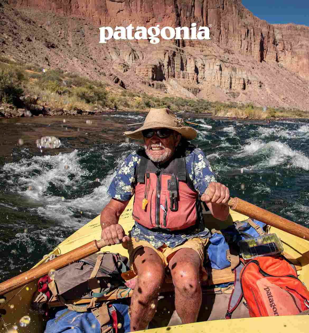 Patagonia. A person in a boat on a river.