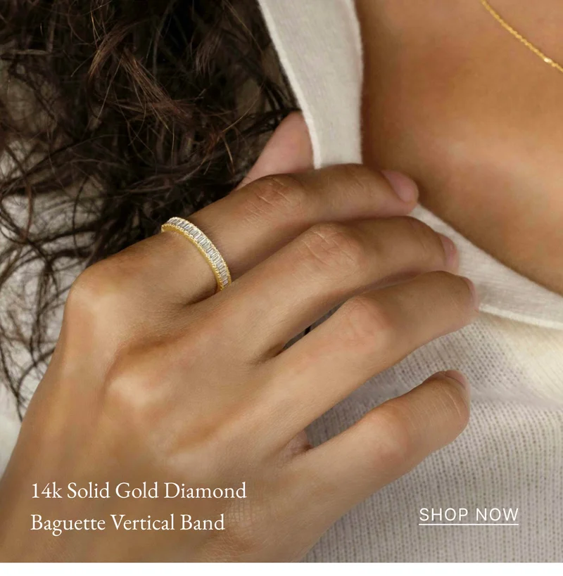14k Solid Gold Diamond Baguette Vertical Band