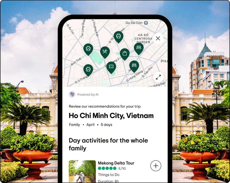 Image Description: Phone screen shows an itinerary for Ho Chi Minh City, Vietnam with a map at the top and day activities for families below. There is an image of a palace and gardens in the background.