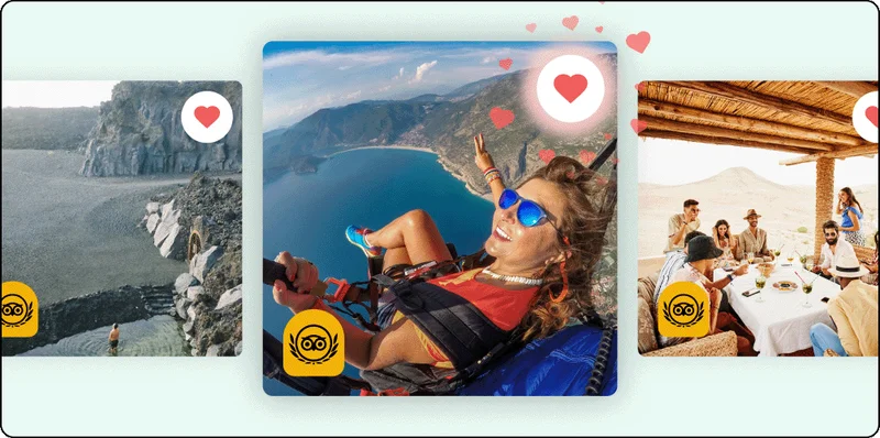 Image Description: Three images show different experiences with the Travelers’ Choice Awards logo in the bottom left corner and an exploding heart icon in the top right corner. The left image shows a person standing in water with a rocky, sandy terrain all around, the center image shows a person parasailing above the water, and the right image shows a group of people having drinks under a canopy out in the desert.
