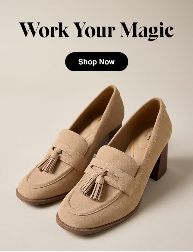 A pair of the new Talyn Block-Heel Loafer Pumps in Light Tan/Beige suede. The email says Work Your Magic. Shop Now.