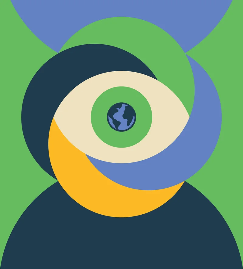 A graphic of the Earth with colorful circles around it.
