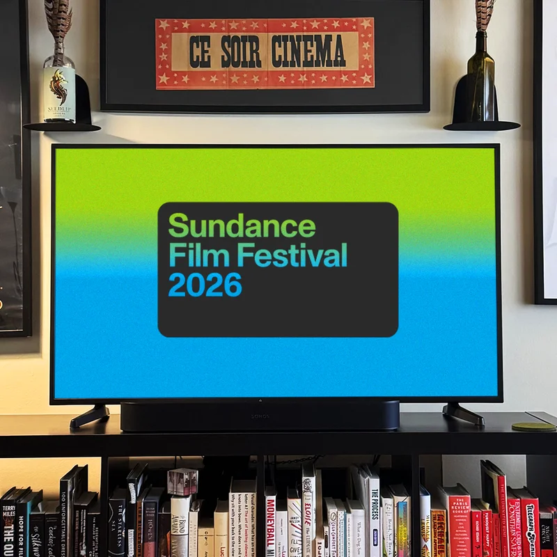Television screen featuring on-screen text reading “Sundance Film Festival 2026” in Sundance-branded color palette.