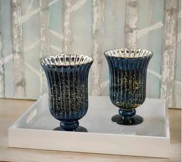 Set of 2 9" Lit Footed Mercury Glass Hurricanes by Valerie