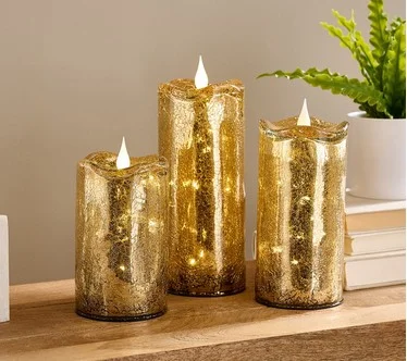 Set of 3 Illuminated Crackle Glass Candles by Valerie