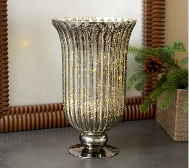 12" Footed Illuminated Mercury Glass Hurricane by Valerie