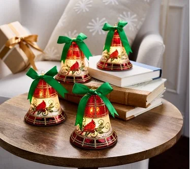 Set of 4 Illuminated Mercury Glass Plaid Bells by Valerie