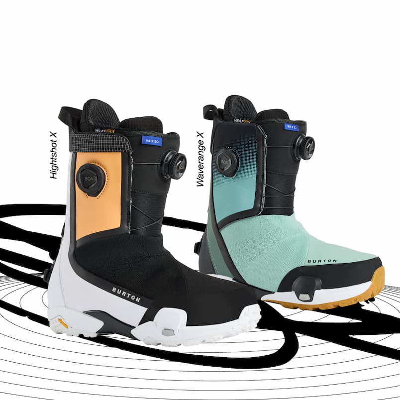 Studio image of the Highshot X Snowboard Boot in White/Black/Orange and the Waverange X Snowboard Boot in Teal/Black side by side