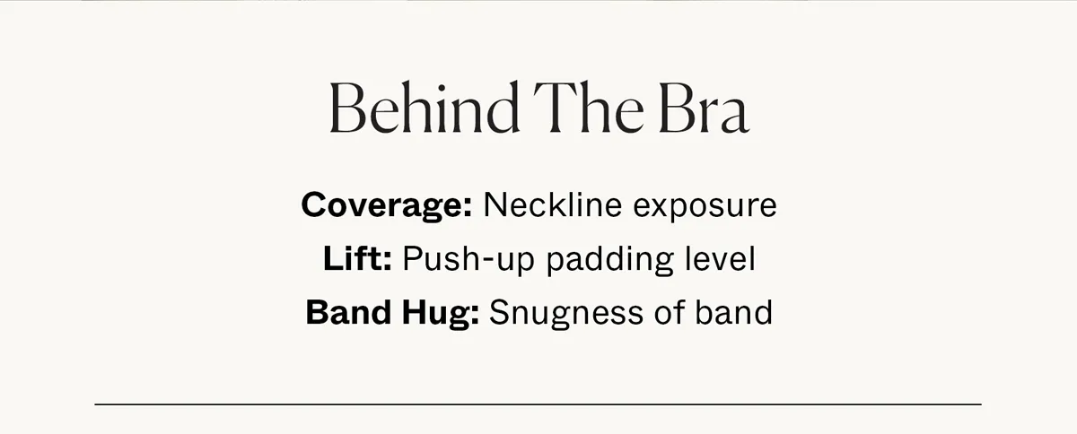 Behind the Bra | Coverage: Neckline exposure | Lift: Push-up padding level | Band Hug: Snugness of band