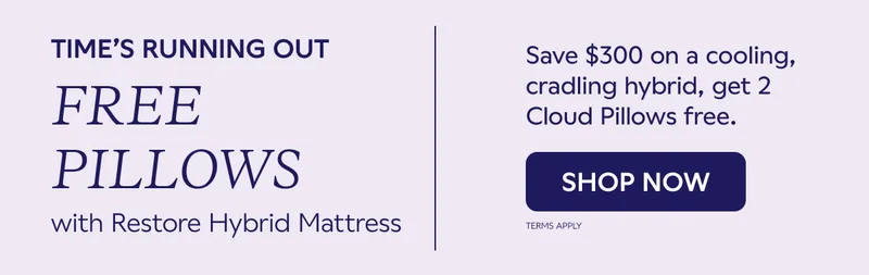 TIME'S RUNNING OUT. FREE PILLOWS WITH RESTORE HYBRID MATTRESS. Save $300 on a cooling cradling hybrid, get 2 Cloud Pillows free. SHOP NOW