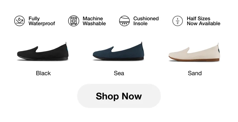 Fully Waterproof, Machine Washable, Cushioned Insole, Half Sizes Now Available. Comes in Black, Sea, and Sand. Shop Now.