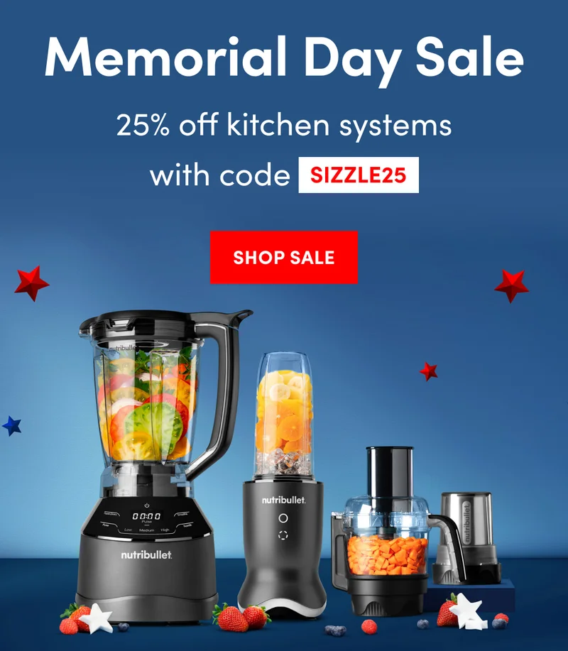 Four black nutribullet blenders and food processors filled with fruit and vegetables on a blue background.