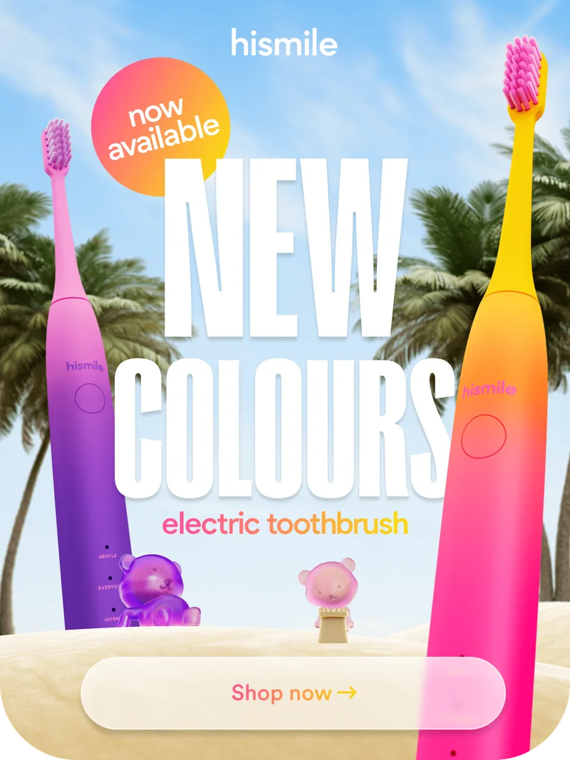 Hismile. New toothbrush colours! Tropical Sunset, Khaki Pink & Gummy Bear!