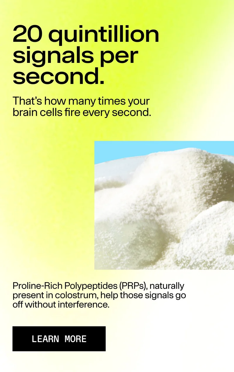 Text reading ‘20 quintillion signals per second’ alongside a close-up of white colostrum powder on a soft yellow gradient background.