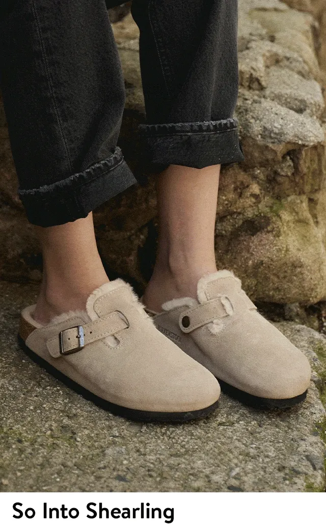 Women wearing shearling-lined clogs, boots and sandals from Birkenstock.