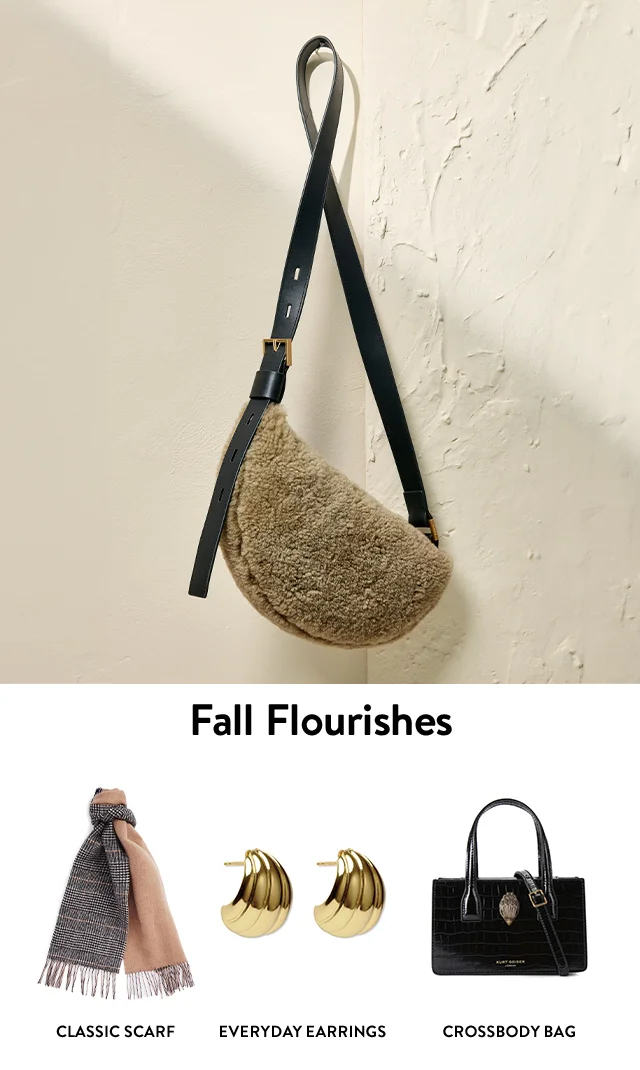 A fuzzy half-moon crossbody bag. A patterned scarf, gold earrings and a black crossbody bag.