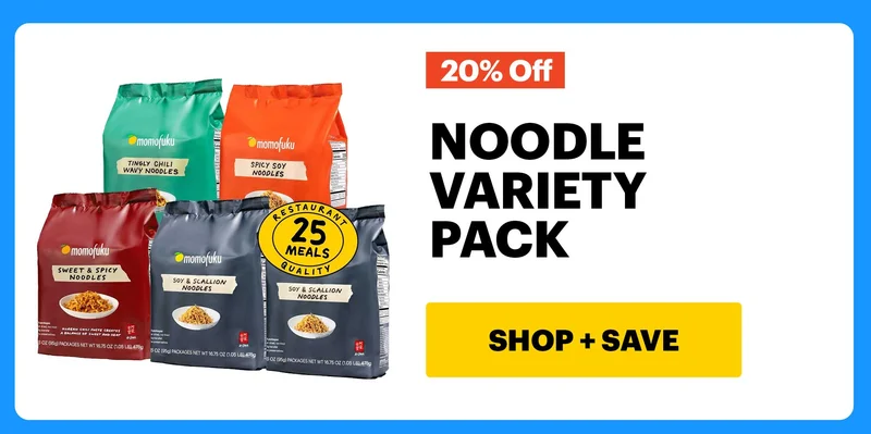 20% OFF. NOODLE VARIETY PACK. CTA: SHOP + SAVE