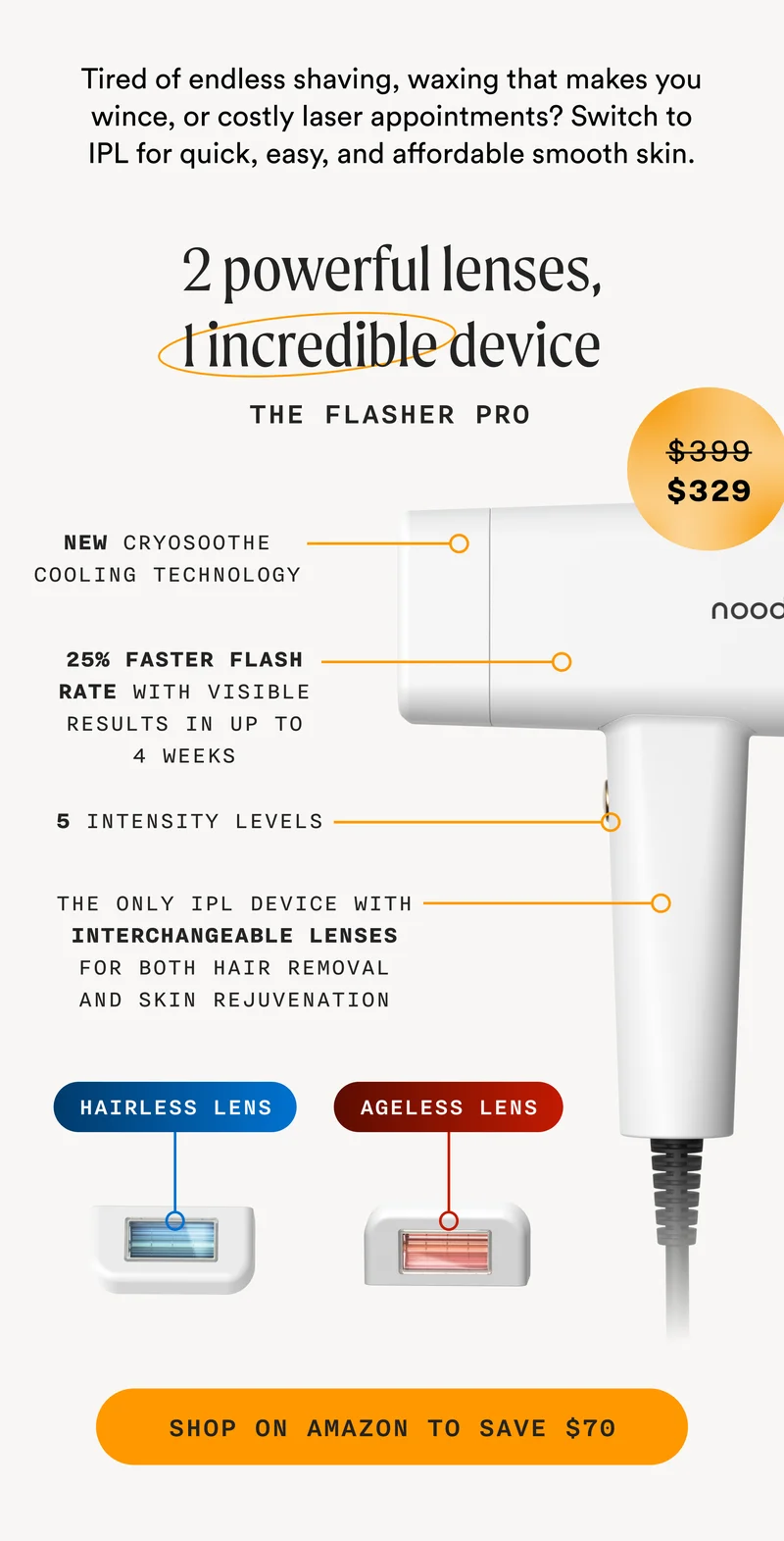 Tired of endless shaving, waxing that makes you wince, or costly laser appointments? Switch to IPL for quick, easy, and affordable smooth skin. - 2 powerful lenses, 1 incredible device - The Flasher Pro - Retail Price: $399 | Sale Price: $329 - New Crysoothe Cooling Technology - 25% Faster Flash Rate With Visible Results In Up To 4 Weeks - 5 Intensity Levels - The Only IPL Device With Interchangeable Lenses For Both Hair Removal And Skin Rejuvenation - SHOP ON AMAZON TO SAVE $70